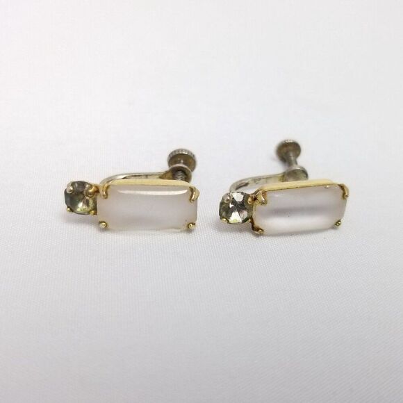 Vintage Sterling Silver Rectangle Rhinestone Clip On Screw Back Earrings, Gold - Picture 8 of 8